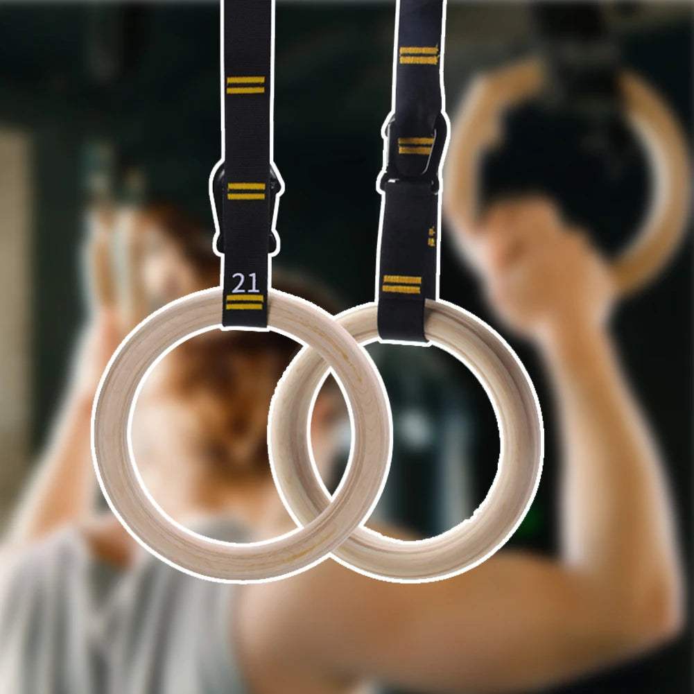 Wood Gymnastics Rings with Adjustable Straps Pull Up Handle Rings Multi-Function Strength Training Equipment for Kids Adults