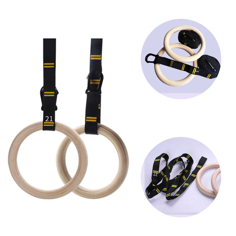 Wood Gymnastics Rings with Adjustable Straps Pull Up Handle Rings Multi-Function Strength Training Equipment for Kids Adults
