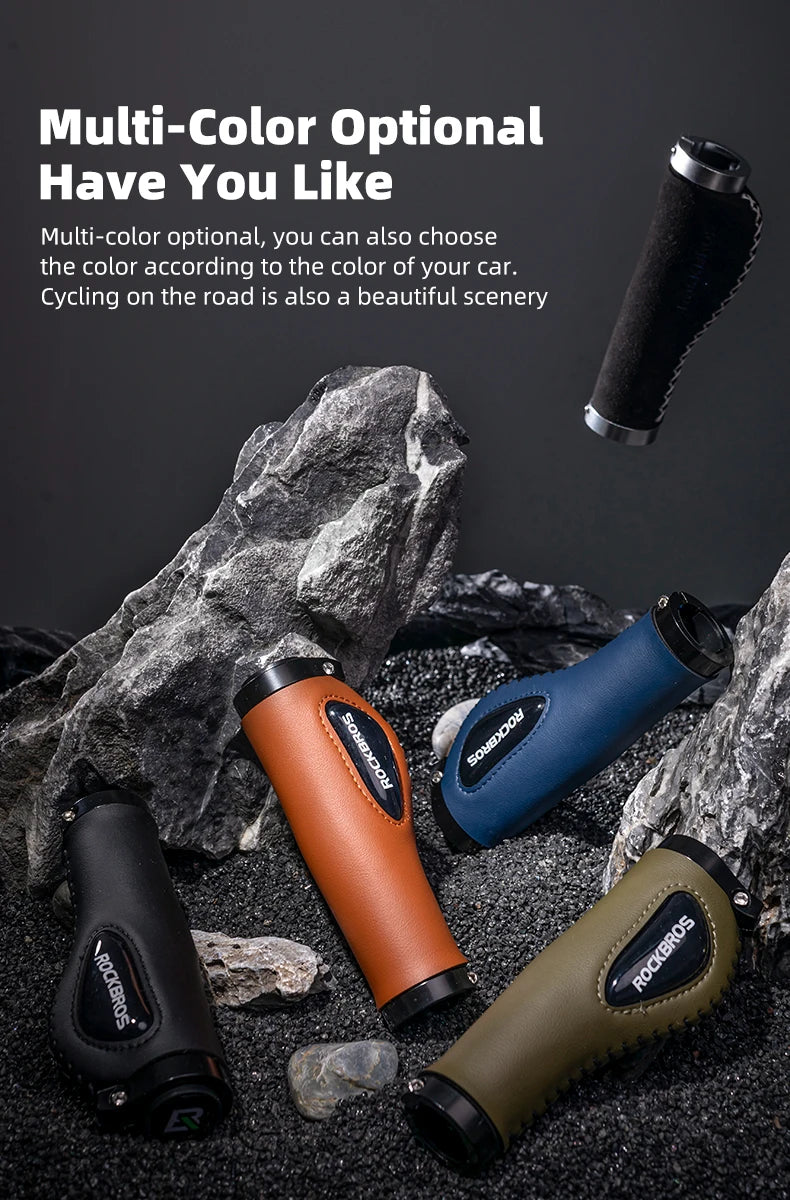ROCKBROS Bike Grips Shockproof Soft Liquid Silicone Bicycle Handlebar Grips Bilateral Locked PU Leather MTB Road Cycling Grips