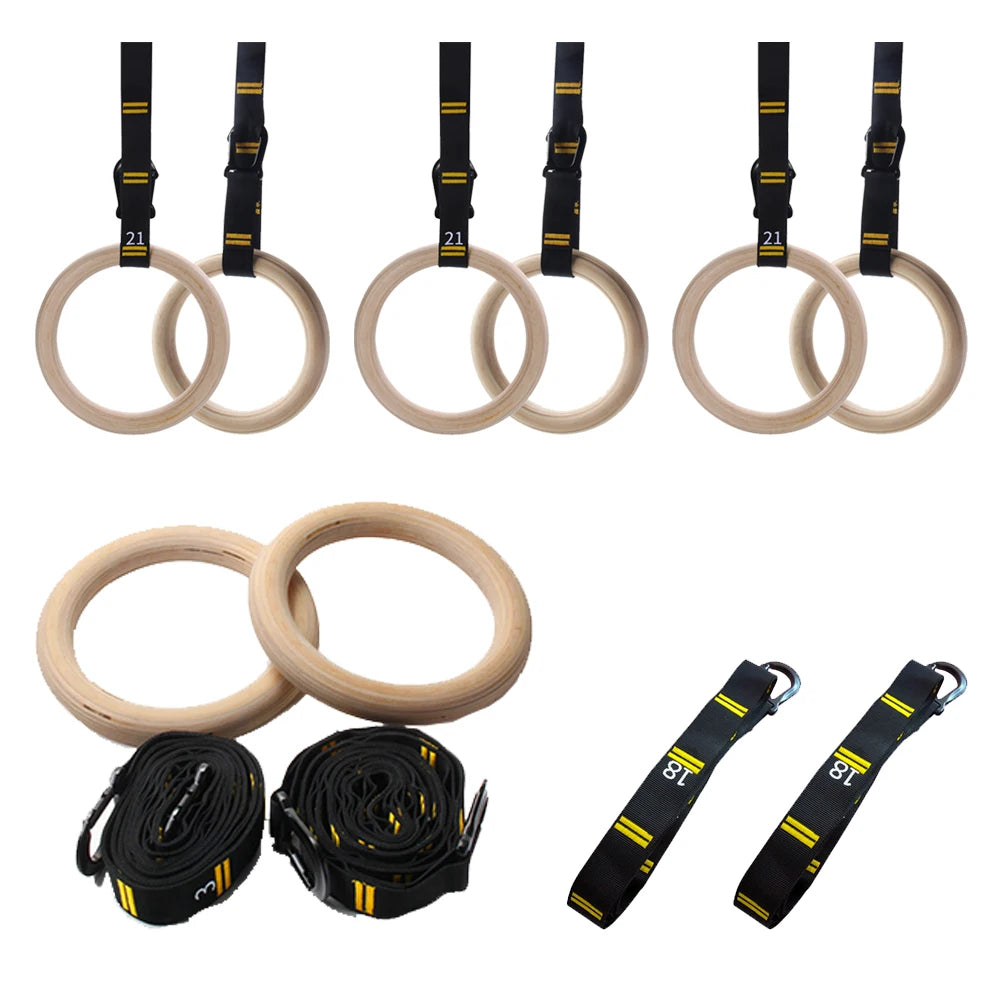 Wood Gymnastics Rings with Adjustable Straps Pull Up Handle Rings Multi-Function Strength Training Equipment for Kids Adults