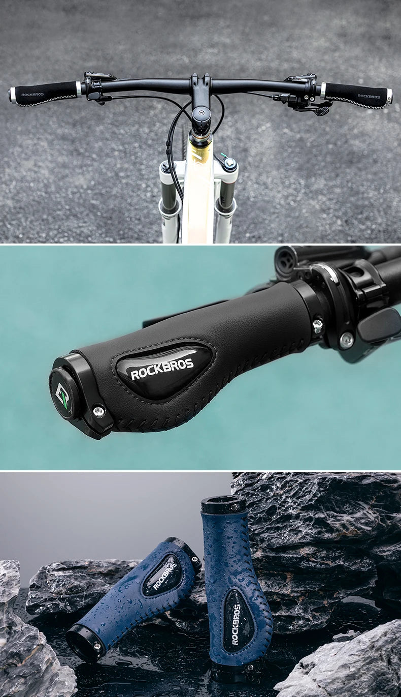 ROCKBROS Bike Grips Shockproof Soft Liquid Silicone Bicycle Handlebar Grips Bilateral Locked PU Leather MTB Road Cycling Grips