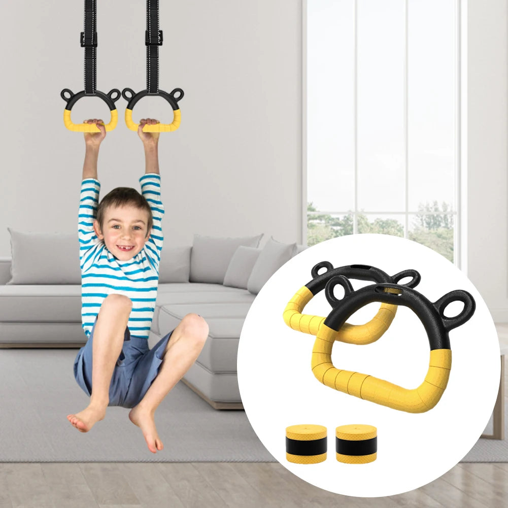 Gymnastics Rings with Adjustable Straps Pull Up Handle Rings Multi-Function Strength Training Equipment for Kids Adults
