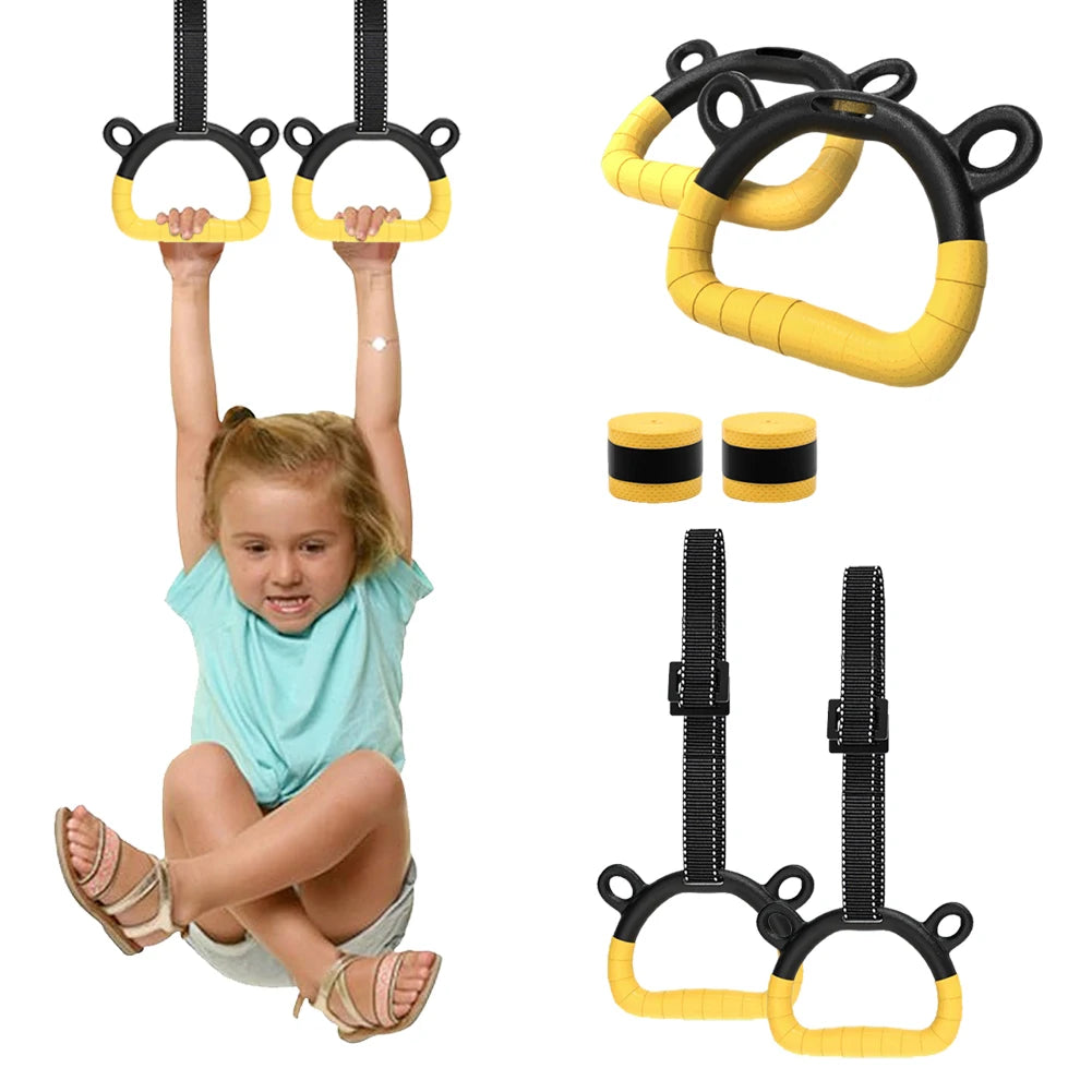 Gymnastics Rings with Adjustable Straps Pull Up Handle Rings Multi-Function Strength Training Equipment for Kids Adults