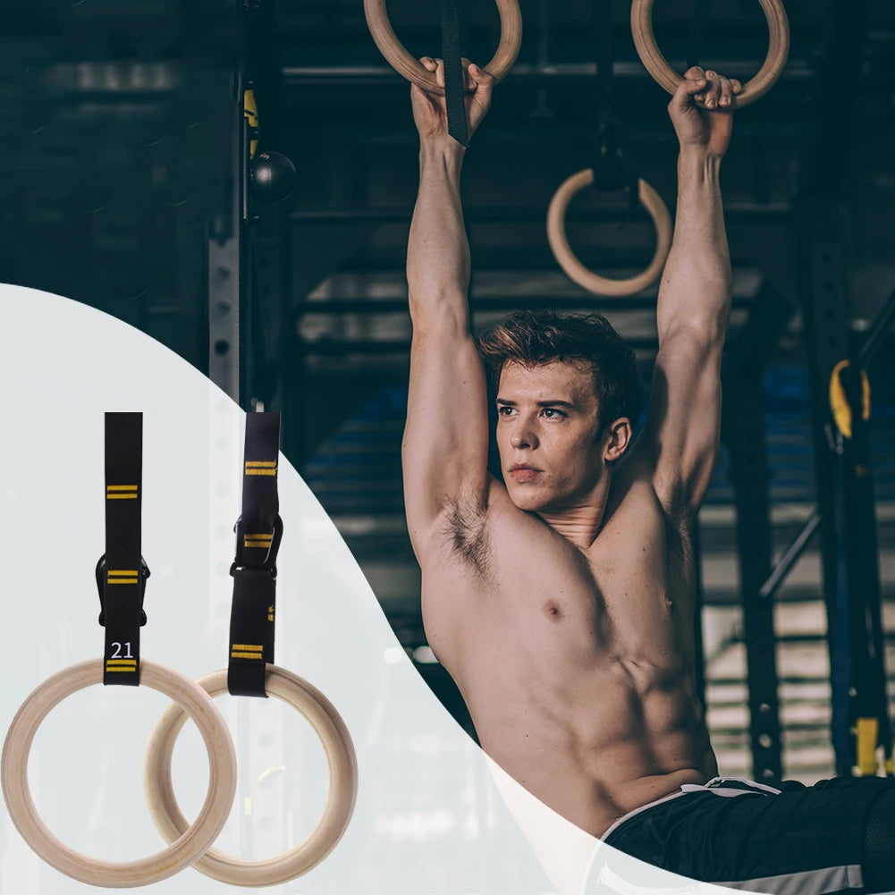 Wood Gymnastics Rings with Adjustable Straps Pull Up Handle Rings Multi-Function Strength Training Equipment for Kids Adults