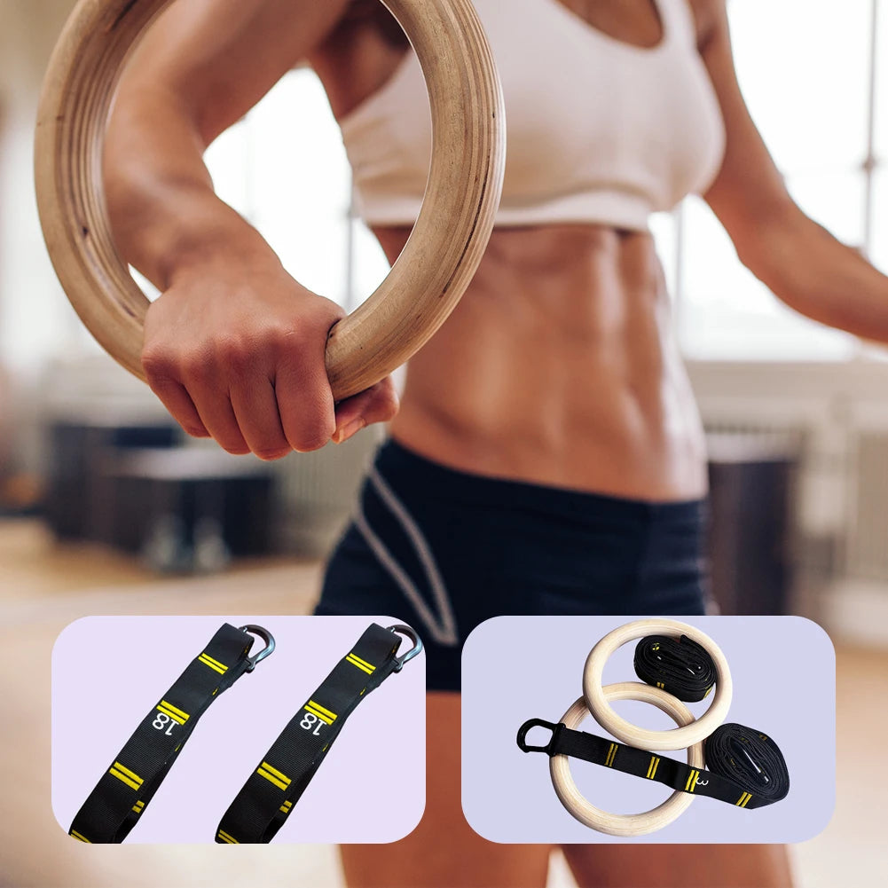 Wood Gymnastics Rings with Adjustable Straps Pull Up Handle Rings Multi-Function Strength Training Equipment for Kids Adults