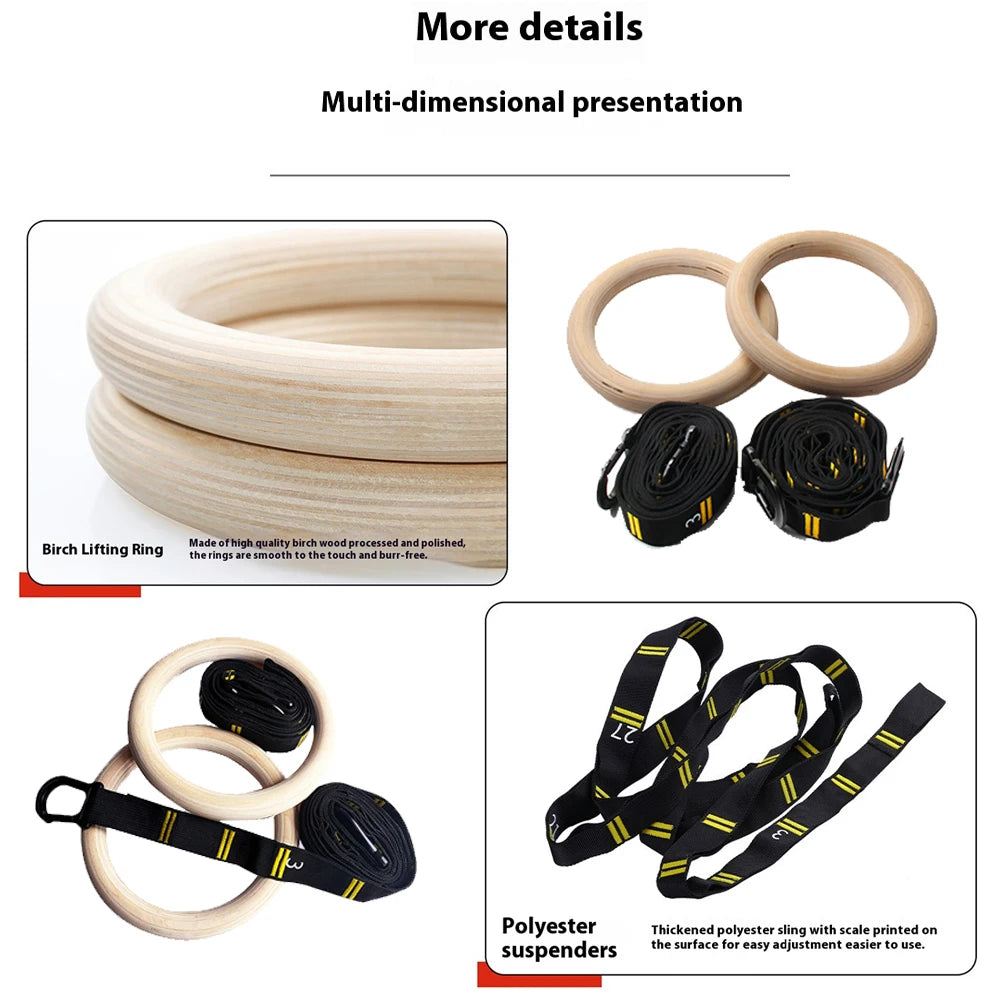 Wood Gymnastics Rings with Adjustable Straps Pull Up Handle Rings Multi-Function Strength Training Equipment for Kids Adults