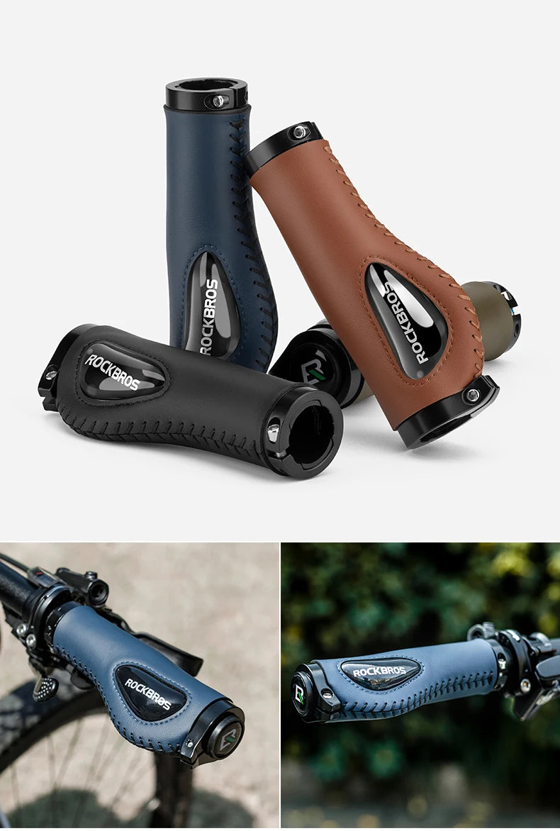 ROCKBROS Bike Grips Shockproof Soft Liquid Silicone Bicycle Handlebar Grips Bilateral Locked PU Leather MTB Road Cycling Grips