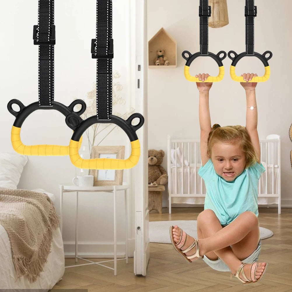 Gymnastics Rings with Adjustable Straps Pull Up Handle Rings Multi-Function Strength Training Equipment for Kids Adults