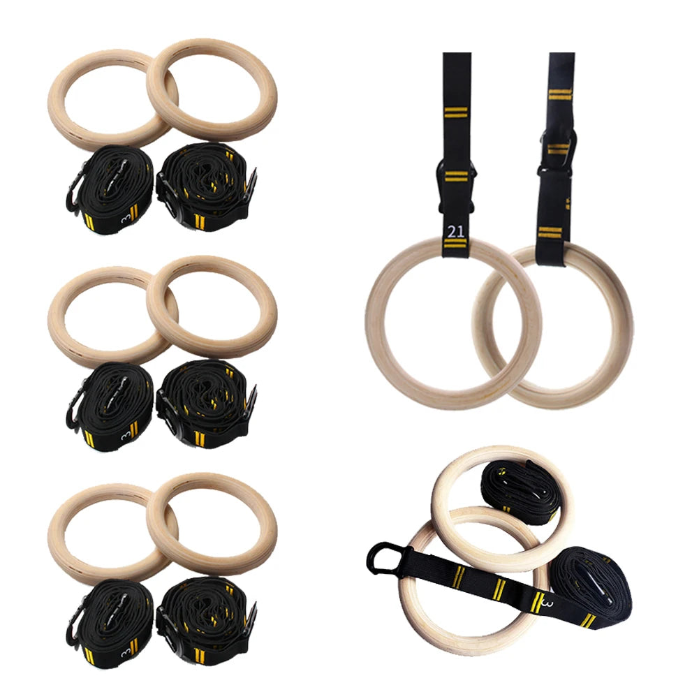 Wood Gymnastics Rings with Adjustable Straps Pull Up Handle Rings Multi-Function Strength Training Equipment for Kids Adults