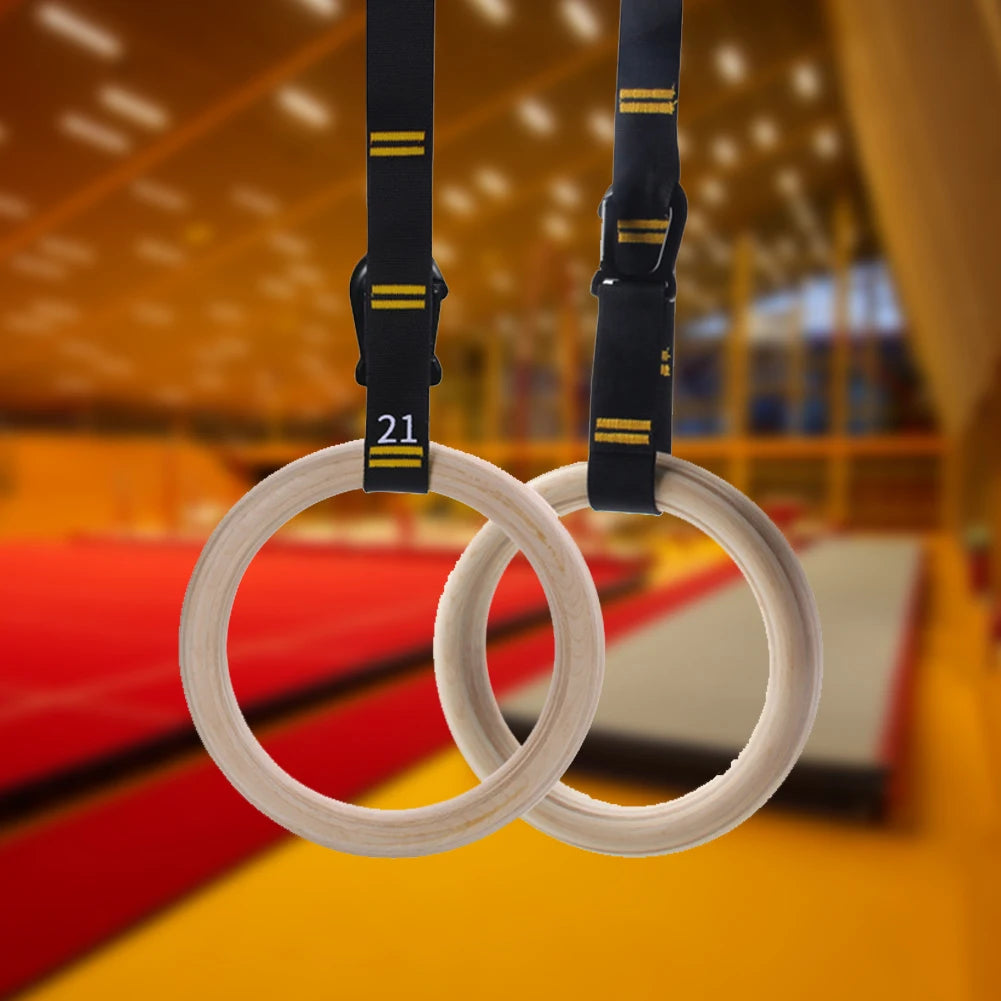 Wood Gymnastics Rings with Adjustable Straps Pull Up Handle Rings Multi-Function Strength Training Equipment for Kids Adults