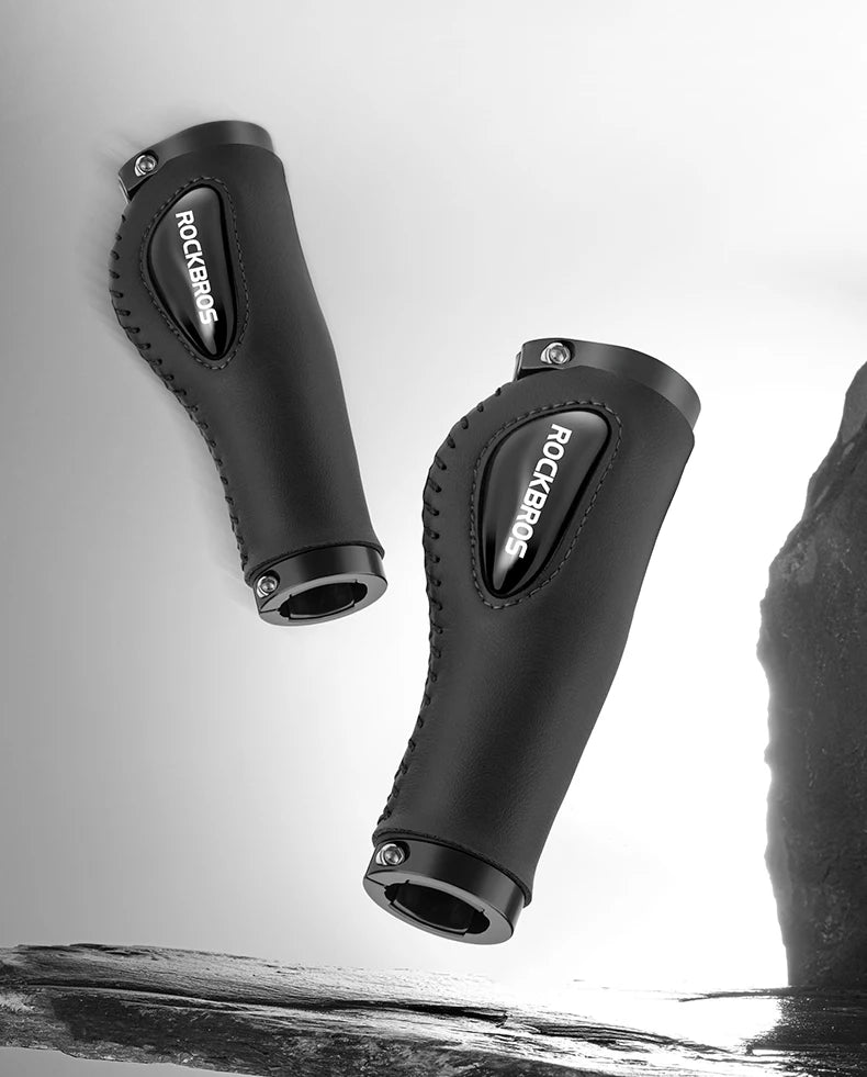 ROCKBROS Bike Grips Shockproof Soft Liquid Silicone Bicycle Handlebar Grips Bilateral Locked PU Leather MTB Road Cycling Grips