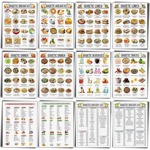 12 Pcs Diabetes Food List Diabetes Meal Chart Information Breakfast Lunch Dinner & Meals for Diabetics - Laminated 8.5” x 11”