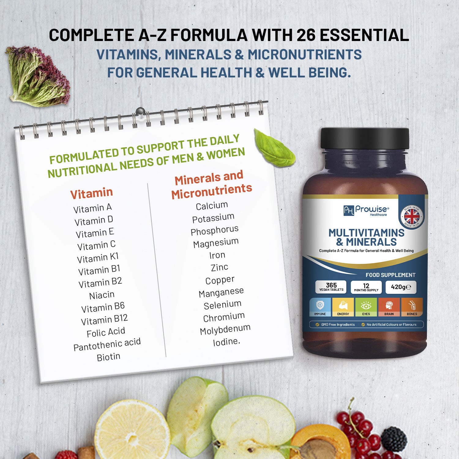 A-Z Multi vitamins & Minerals l 365 Vegan Multi vitamin Tablets l Multi vitamin Tablets for Men and Women with 26 Essential / Active Vitamins & Minerals – Made in The UK by Prowise