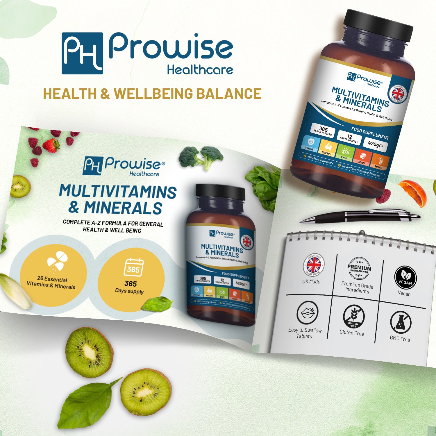 A-Z Multi vitamins & Minerals l 365 Vegan Multi vitamin Tablets l Multi vitamin Tablets for Men and Women with 26 Essential / Active Vitamins & Minerals – Made in The UK by Prowise