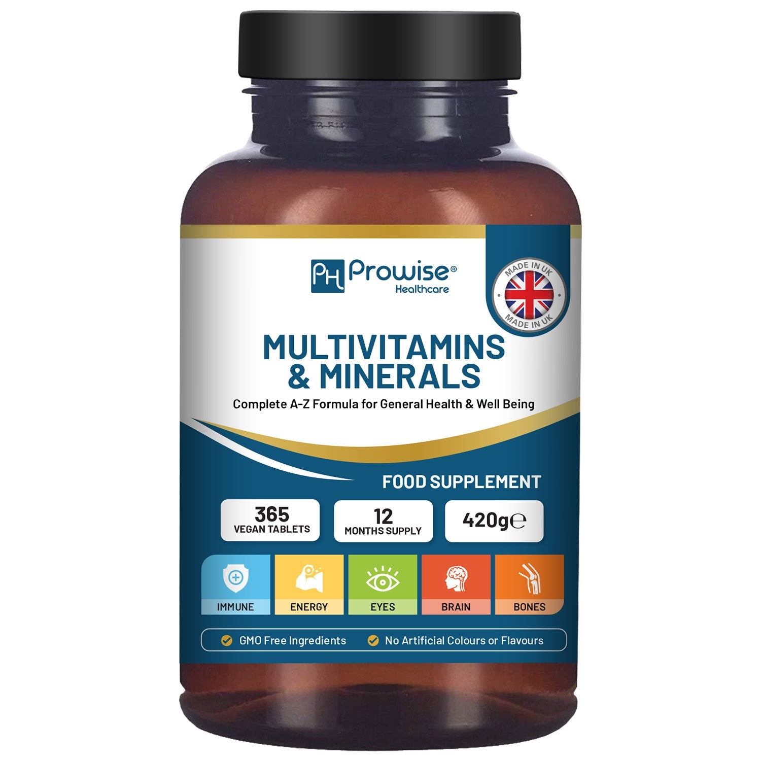 A-Z Multi vitamins & Minerals l 365 Vegan Multi vitamin Tablets l Multi vitamin Tablets for Men and Women with 26 Essential / Active Vitamins & Minerals – Made in The UK by Prowise